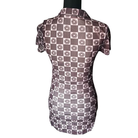 Urban Outfitters Women’s Brown Retro Mesh Mini Dress Floral Checkered Size Small - Picture 4 of 5